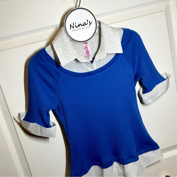 KNIT WORKS Girls 2-Piece Layered Dress Top Royal Blue/White Size 16 - Picture 2 of 4